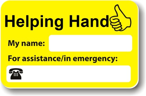 Helping hand - yellow card with a thumbs up and space for contact details