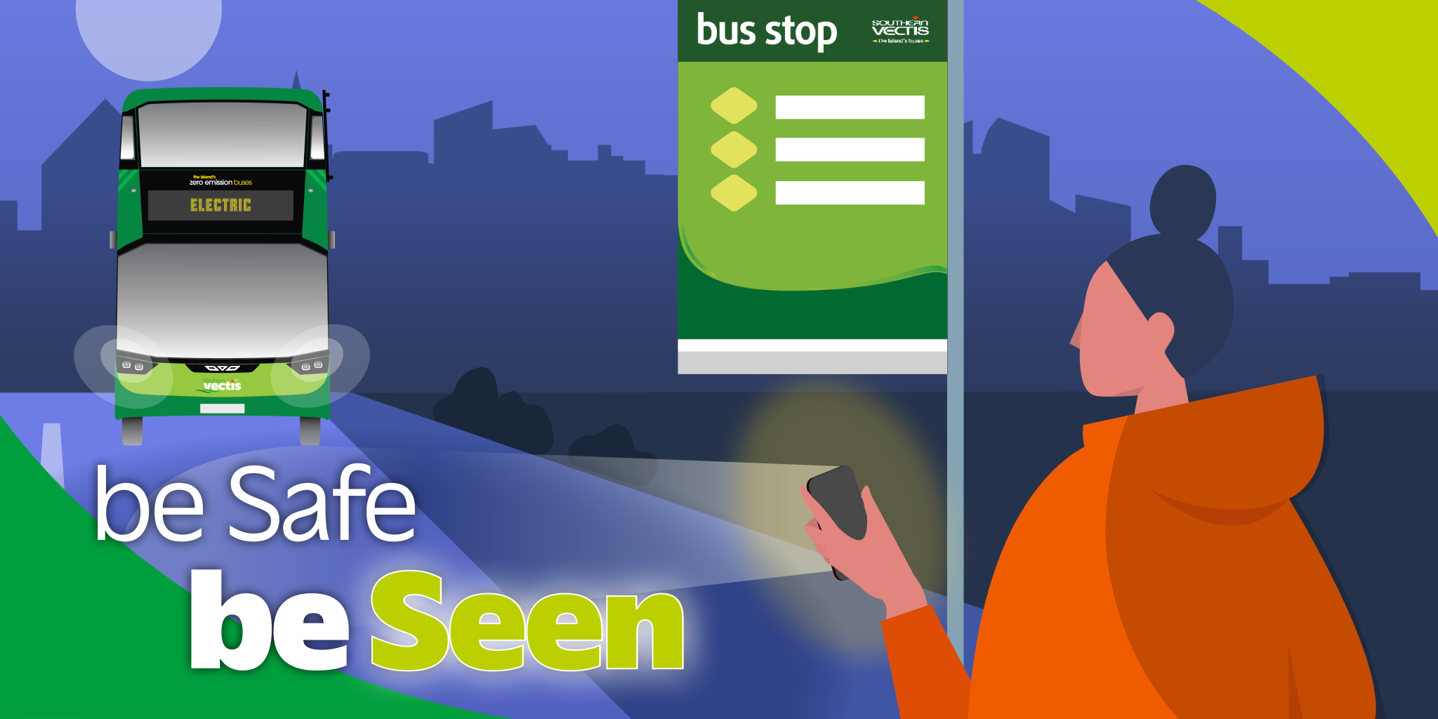 be safe be seen person in the dark with a torch at the bus stop