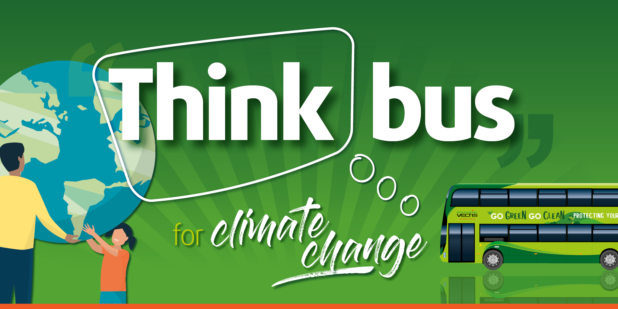 Think bus for climate change and a globe and man and girl with a bus